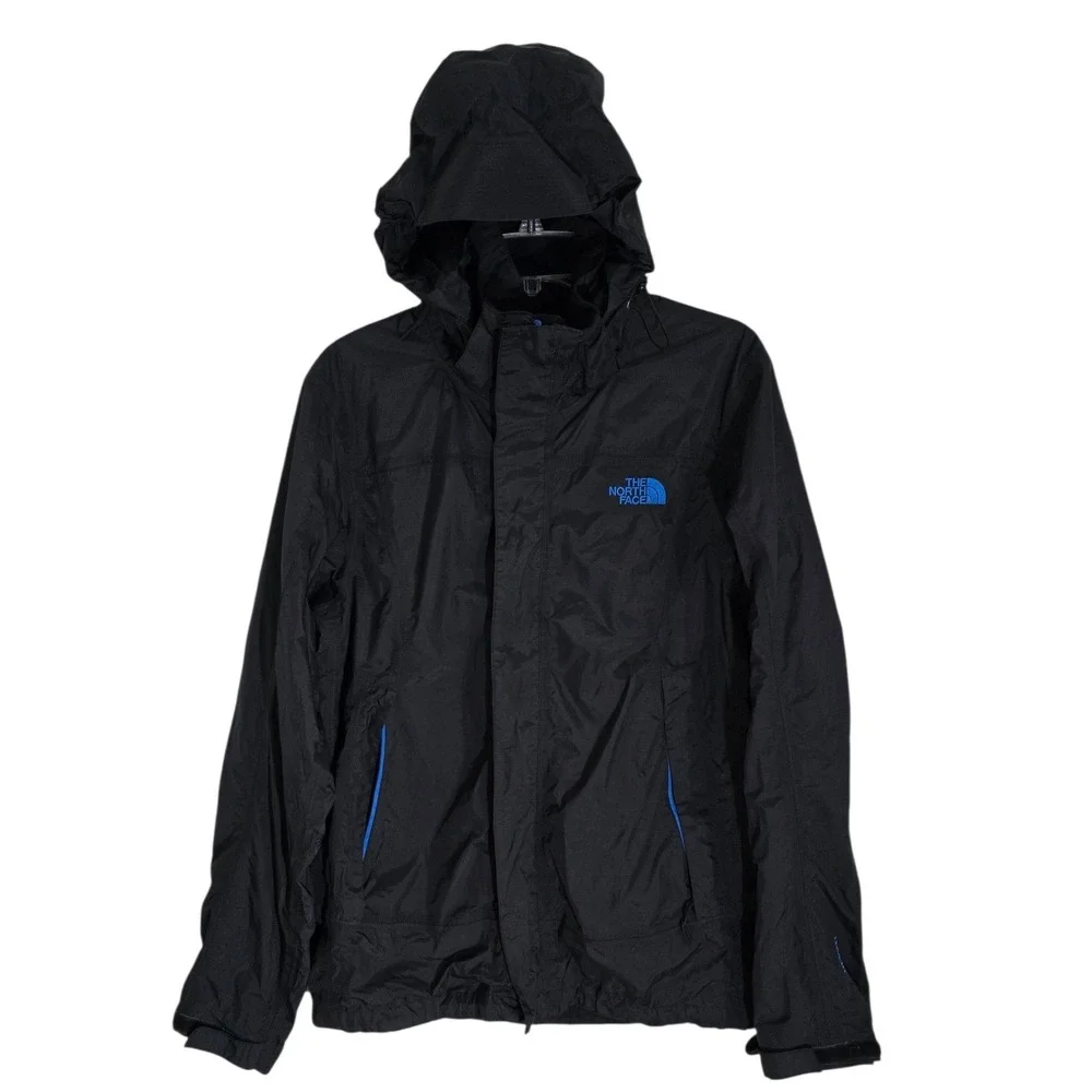 The North Face HyVent Rain Jacket Mens Small Black Blue Hooded Waterproof Coat